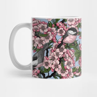 Cherry blossom and chickadees on sky blue Mug